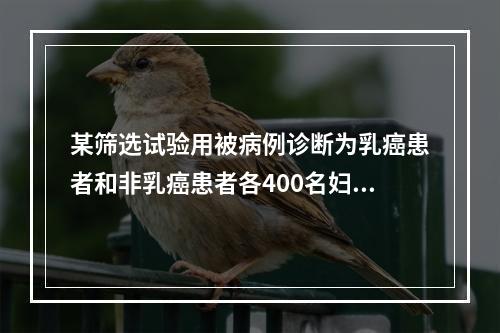 某筛选试验用被病例诊断为乳癌患者和非乳癌患者各400名妇女，