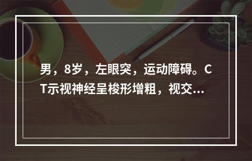 男，8岁，左眼突，运动障碍。CT示视神经呈梭形增粗，视交叉粗