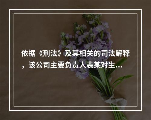 依据《刑法》及其相关的司法解释，该公司主要负责人裴某对生产安