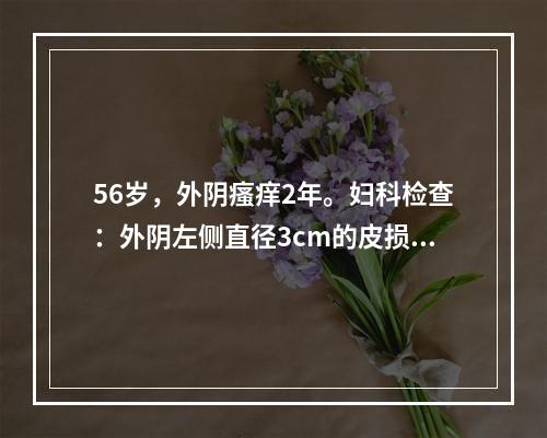 56岁，外阴瘙痒2年。妇科检查：外阴左侧直径3cm的皮损，呈