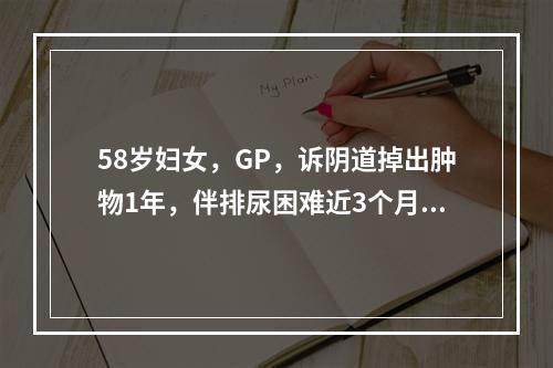 58岁妇女，GP，诉阴道掉出肿物1年，伴排尿困难近3个月，每