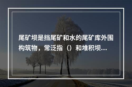 尾矿坝是挡尾矿和水的尾矿库外围构筑物，常泛指（）和堆积坝的总