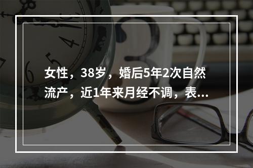 女性，38岁，婚后5年2次自然流产，近1年来月经不调，表现为