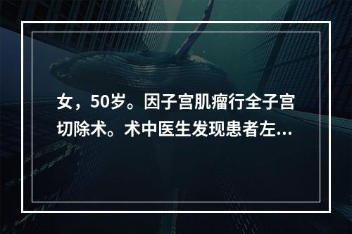 女，50岁。因子宫肌瘤行全子宫切除术。术中医生发现患者左侧