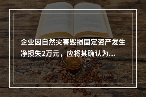 企业因自然灾害毁损固定资产发生净损失2万元，应将其确认为费用