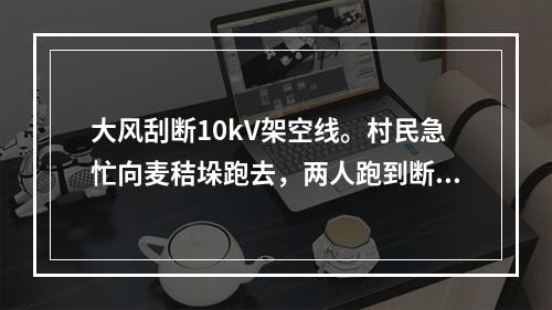 大风刮断10kV架空线。村民急忙向麦秸垛跑去，两人跑到断落导