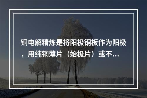 铜电解精炼是将阳极铜板作为阳极，用纯铜薄片（始极片）或不锈钢