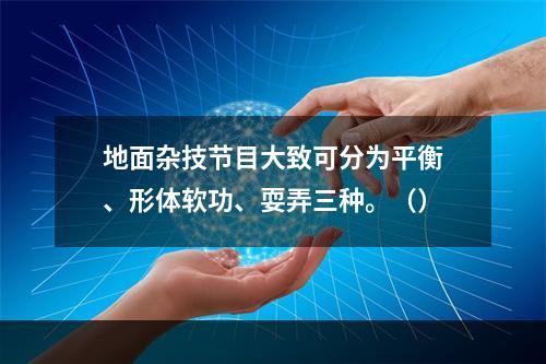 地面杂技节目大致可分为平衡、形体软功、耍弄三种。（）