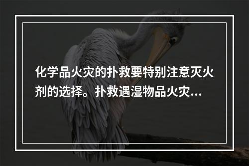 化学品火灾的扑救要特别注意灭火剂的选择。扑救遇湿物品火灾时，