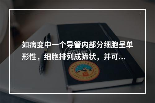 如病变中一个导管内部分细胞呈单形性，细胞排列成筛状，并可见分