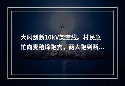 大风刮断10kV架空线。村民急忙向麦秸垛跑去，两人跑到断落导