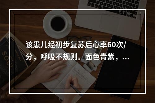 该患儿经初步复苏后心率60次/分，呼吸不规则。面色青紫，紧接