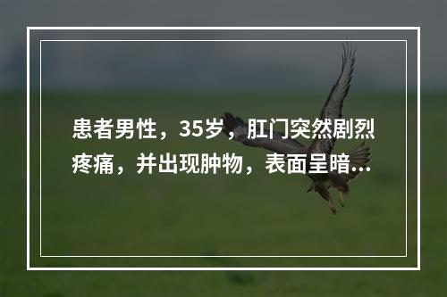 患者男性，35岁，肛门突然剧烈疼痛，并出现肿物，表面呈暗紫色