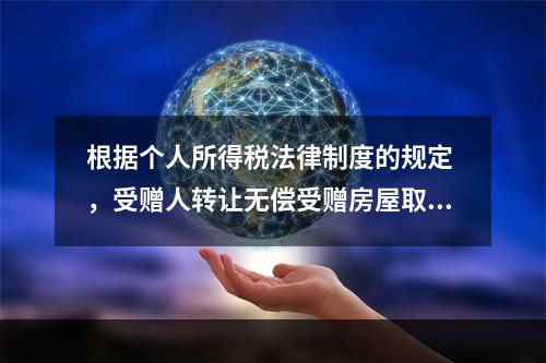 根据个人所得税法律制度的规定 ，受赠人转让无偿受赠房屋取得的