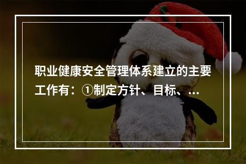 职业健康安全管理体系建立的主要工作有：①制定方针、目标、指标