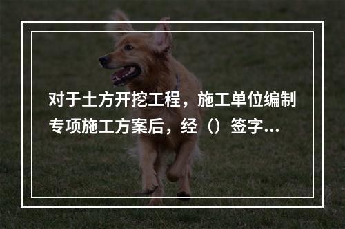 对于土方开挖工程，施工单位编制专项施工方案后，经（）签字后实