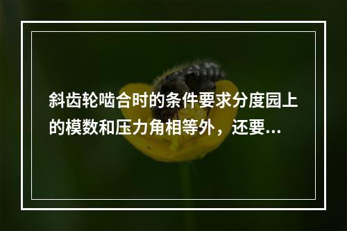 斜齿轮啮合时的条件要求分度园上的模数和压力角相等外，还要求两