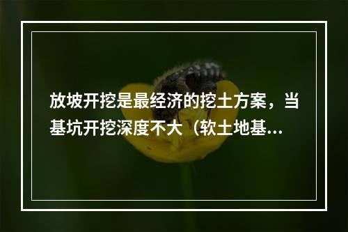 放坡开挖是最经济的挖土方案，当基坑开挖深度不大（软土地基挖深