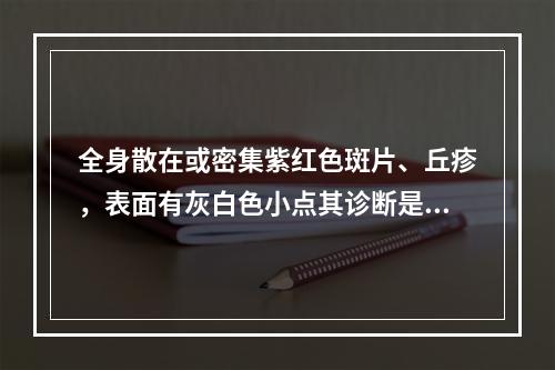 全身散在或密集紫红色斑片、丘疹，表面有灰白色小点其诊断是：