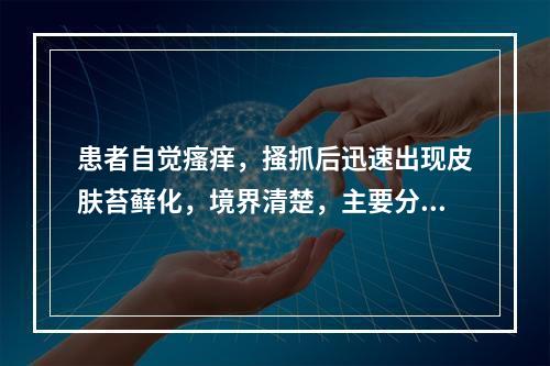 患者自觉瘙痒，搔抓后迅速出现皮肤苔藓化，境界清楚，主要分布于