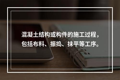 混凝土结构或构件的施工过程，包括布料、振捣、抹平等工序。