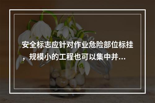 安全标志应针对作业危险部位标挂，规模小的工程也可以集中并排悬