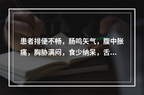 患者排便不畅，肠鸣矢气，腹中胀痛，胸胁满闷，食少纳呆，舌苔薄