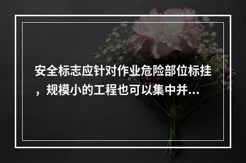 安全标志应针对作业危险部位标挂，规模小的工程也可以集中并排悬