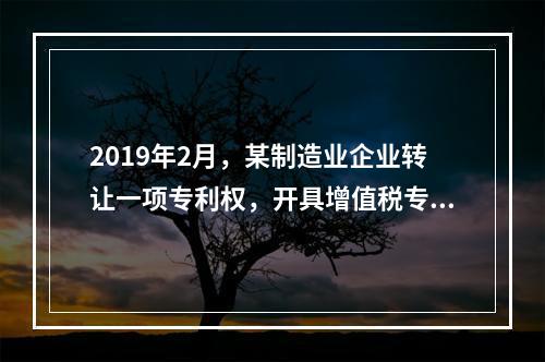 2019年2月，某制造业企业转让一项专利权，开具增值税专用发