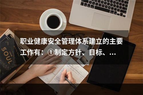 职业健康安全管理体系建立的主要工作有：①制定方针、目标、指标