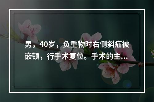 男，40岁，负重物时右侧斜疝被嵌顿，行手术复位。手术的主要关