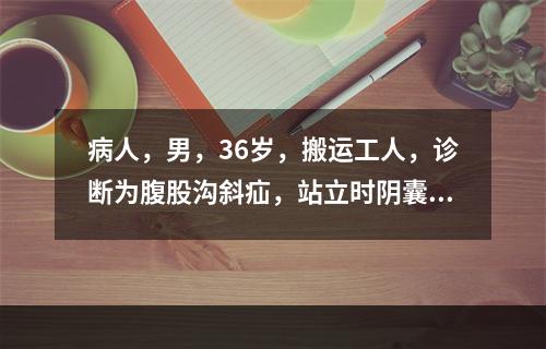 病人，男，36岁，搬运工人，诊断为腹股沟斜疝，站立时阴囊部位