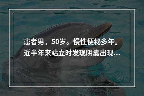 患者男，50岁。慢性便秘多年。近半年来站立时发现阴囊出现肿块