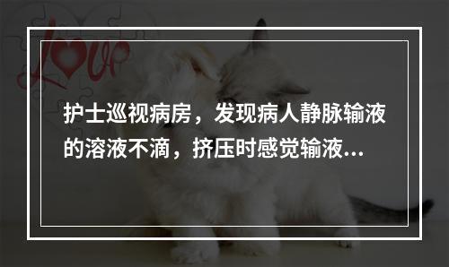 护士巡视病房，发现病人静脉输液的溶液不滴，挤压时感觉输液管有