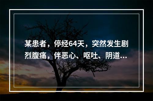 某患者，停经64天，突然发生剧烈腹痛，伴恶心、呕吐、阴道有少