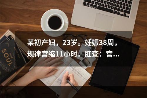 某初产妇，23岁。妊娠38周，规律宫缩11小时。肛查：宫口开