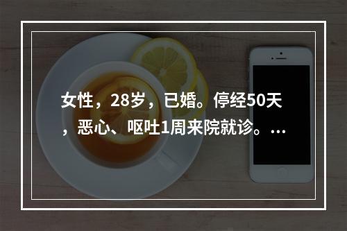 女性，28岁，已婚。停经50天，恶心、呕吐1周来院就诊。妇检