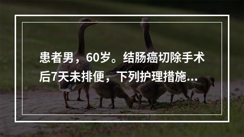 患者男，60岁。结肠癌切除手术后7天未排便，下列护理措施错误