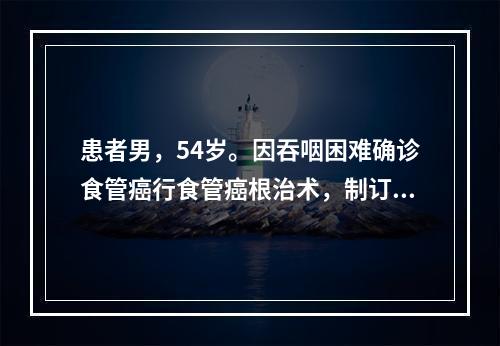 患者男，54岁。因吞咽困难确诊食管癌行食管癌根治术，制订术后