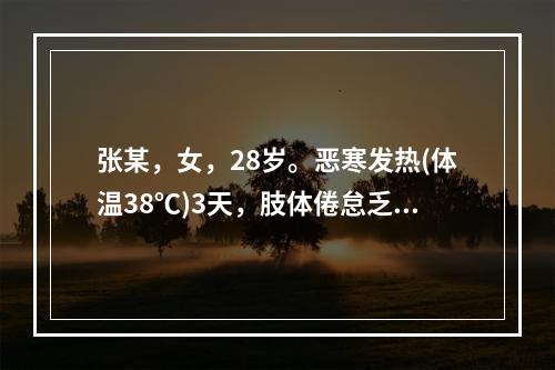 张某，女，28岁。恶寒发热(体温38℃)3天，肢体倦怠乏力，