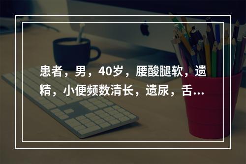 患者，男，40岁，腰酸腿软，遗精，小便频数清长，遗尿，舌润苔