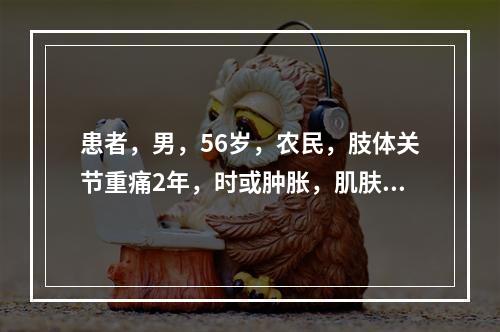 患者，男，56岁，农民，肢体关节重痛2年，时或肿胀，肌肤麻