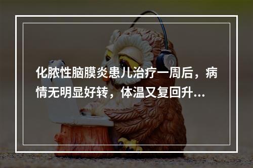 化脓性脑膜炎患儿治疗一周后，病情无明显好转，体温又复回升，嗜