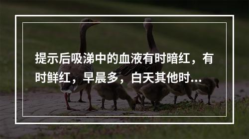 提示后吸涕中的血液有时暗红，有时鲜红，早晨多，白天其他时间也