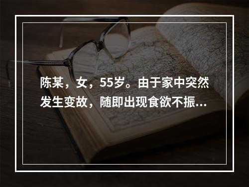 陈某，女，55岁。由于家中突然发生变故，随即出现食欲不振、精